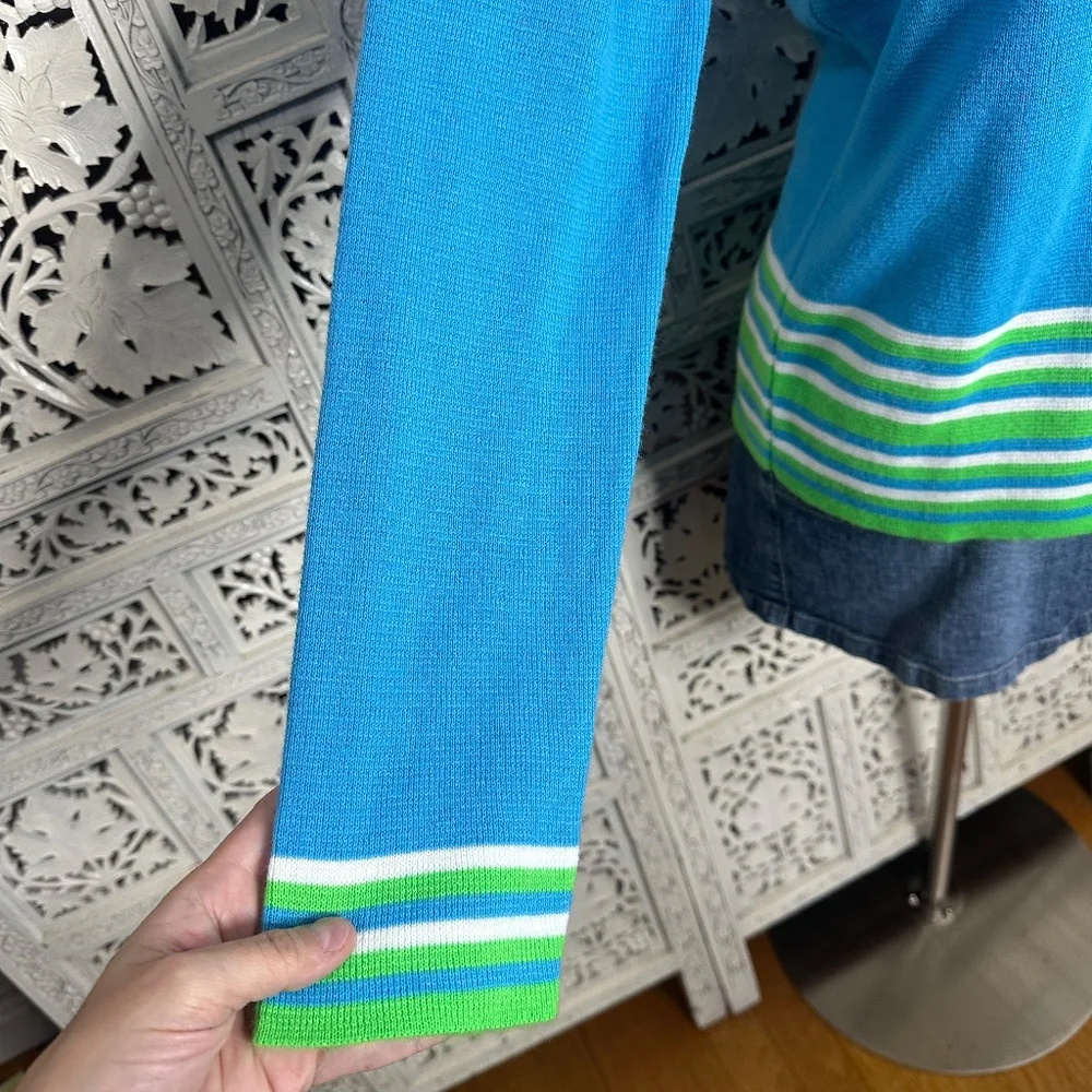 Vintage 70's Haymaker Blue‎ 7 Green Striped Preppy Golf Button Up Cardigan Sz M